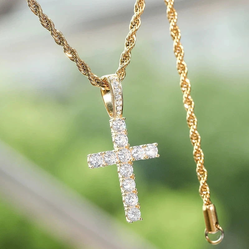 Wholesale Fine 925 Sterling Silver CZ Zircon Pendant Necklace Gold-Plated Cross for Men Fashion Accessory for Weddings