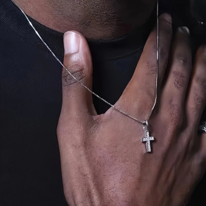 Mini Cross Necklace for Men Boys,Waterproof Full Zircon Cross Pendant Necklace,Hip Hop Rap Cool Collar Gift