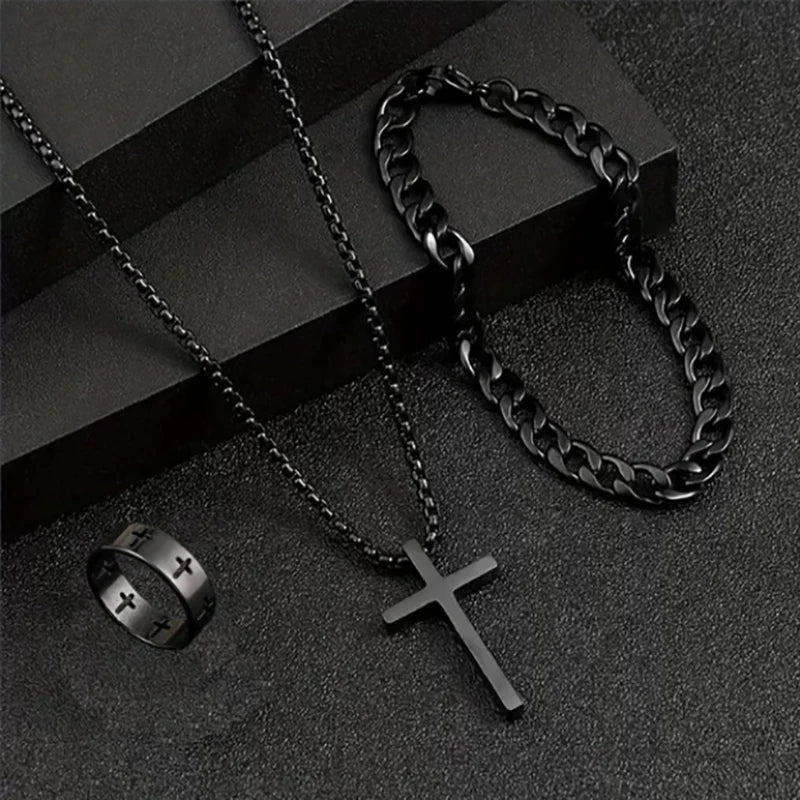 3pcs Set Men's Stainless Steel Metal Cross Pendant Chain Necklace Bracelet Ring Jewelry Set Male Hip Hop Daily Wear Accessories