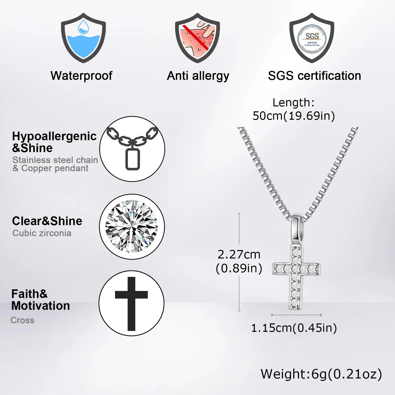 Mini Cross Necklace for Men Boys,Waterproof Full Zircon Cross Pendant Necklace,Hip Hop Rap Cool Collar Gift