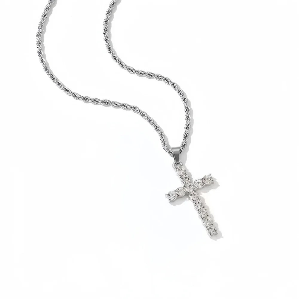 Hip Hop Stainless Steel Zircon Cross Pendant Necklace Retro Men Twist Chain Necklace Fashion Punk Jewelry Accessories