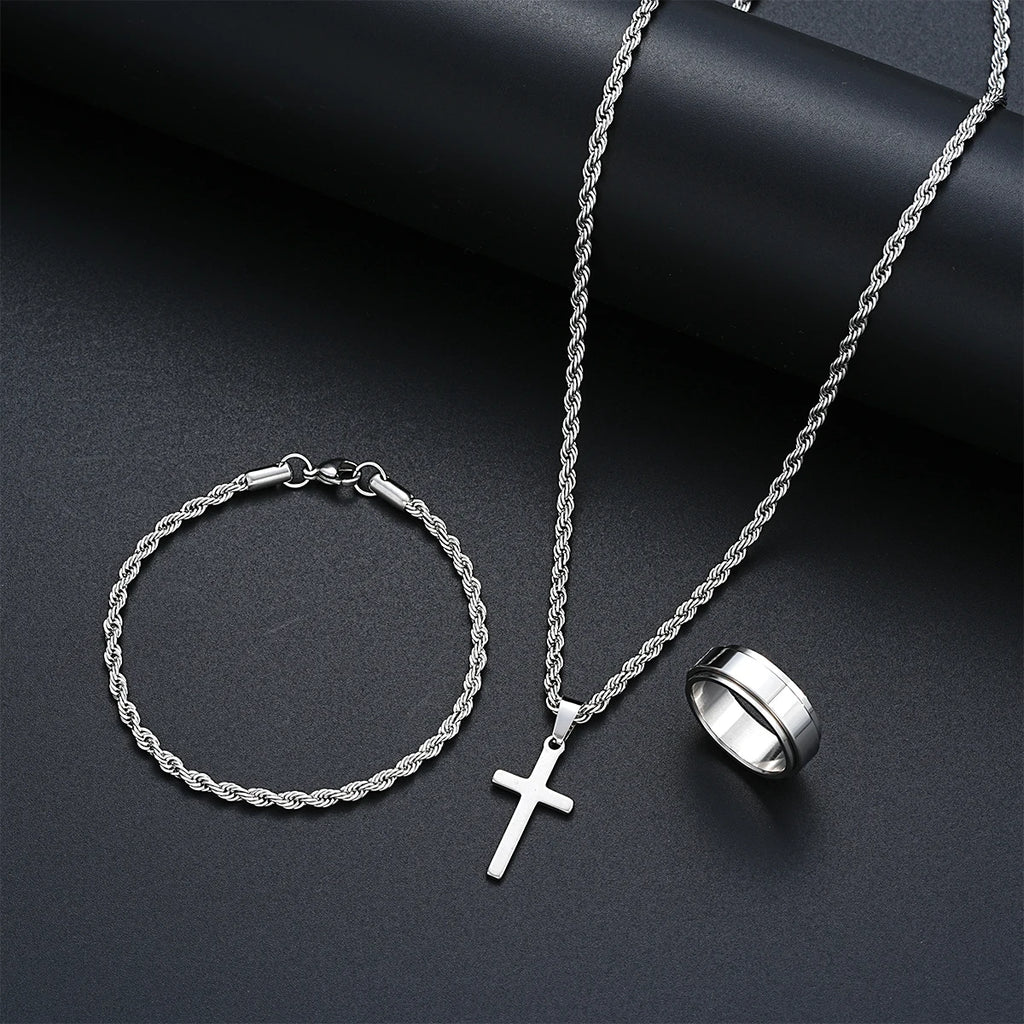 Stainless Steel Simple Jewelry Set For Men Women Fashion Silver Color Cross Pendant Twisted Rope Necklace Bracelets Ring Gifts