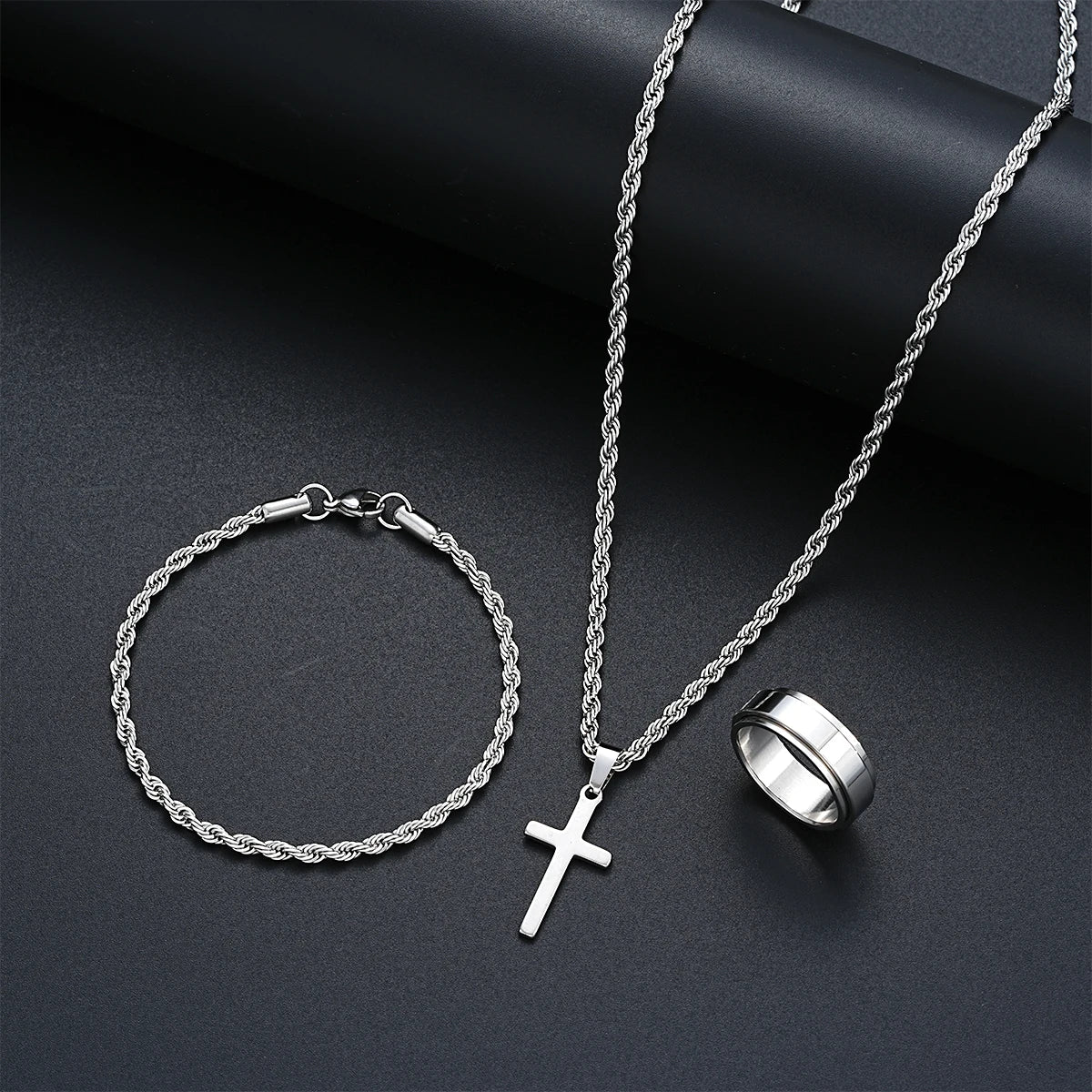 Stainless Steel Simple Jewelry Set For Men Women Fashion Silver Color Cross Pendant Twisted Rope Necklace Bracelets Ring Gifts