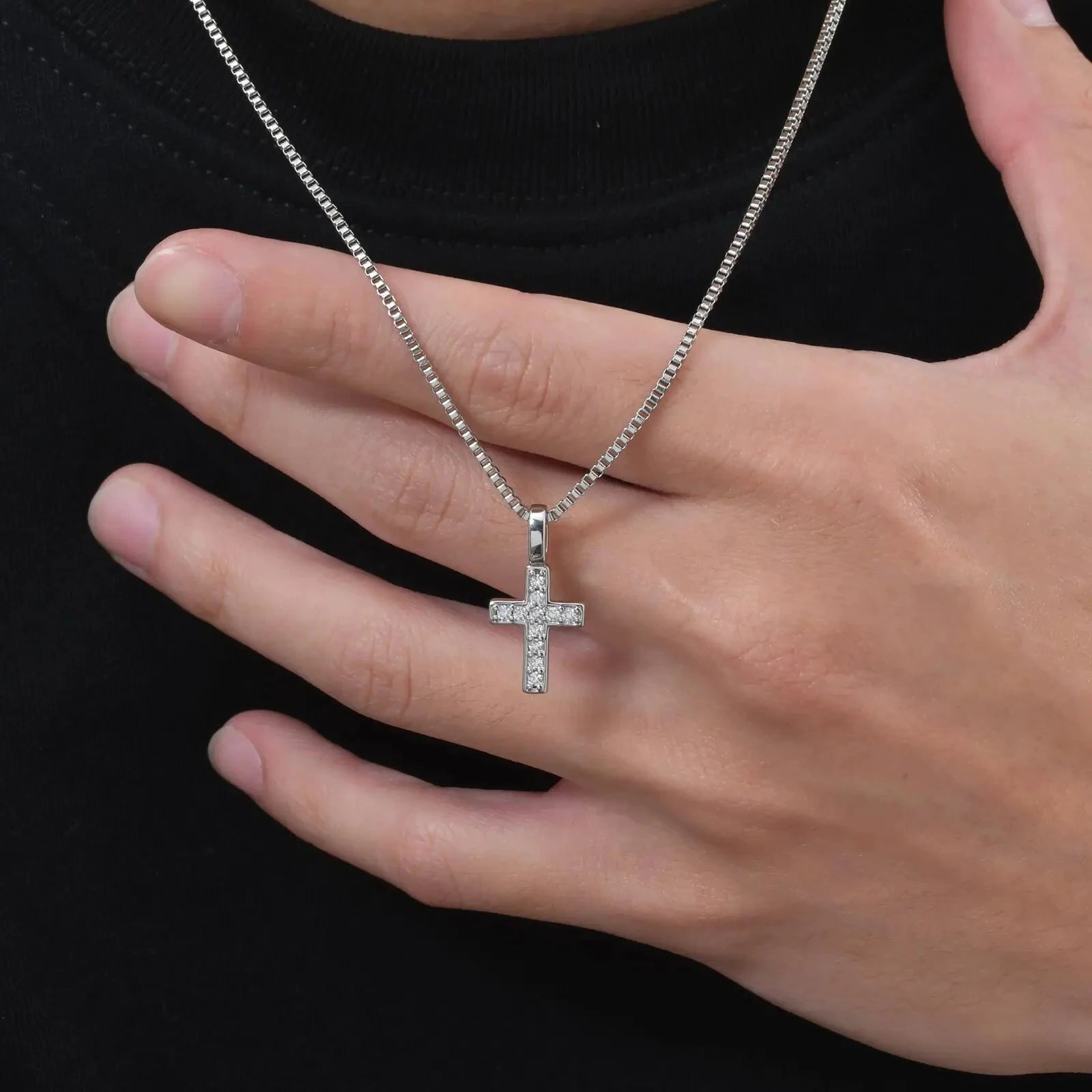 Mini Cross Necklace for Men Boys,Waterproof Full Zircon Cross Pendant Necklace,Hip Hop Rap Cool Collar Gift