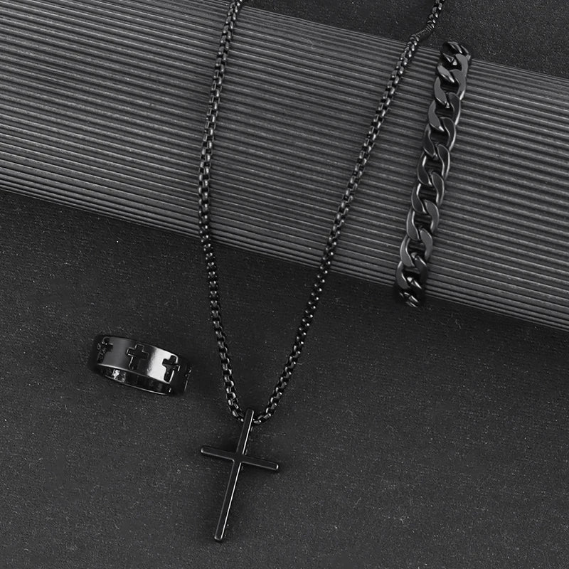 3pcs Set Men's Stainless Steel Metal Cross Pendant Chain Necklace Bracelet Ring Jewelry Set Male Hip Hop Daily Wear Accessories