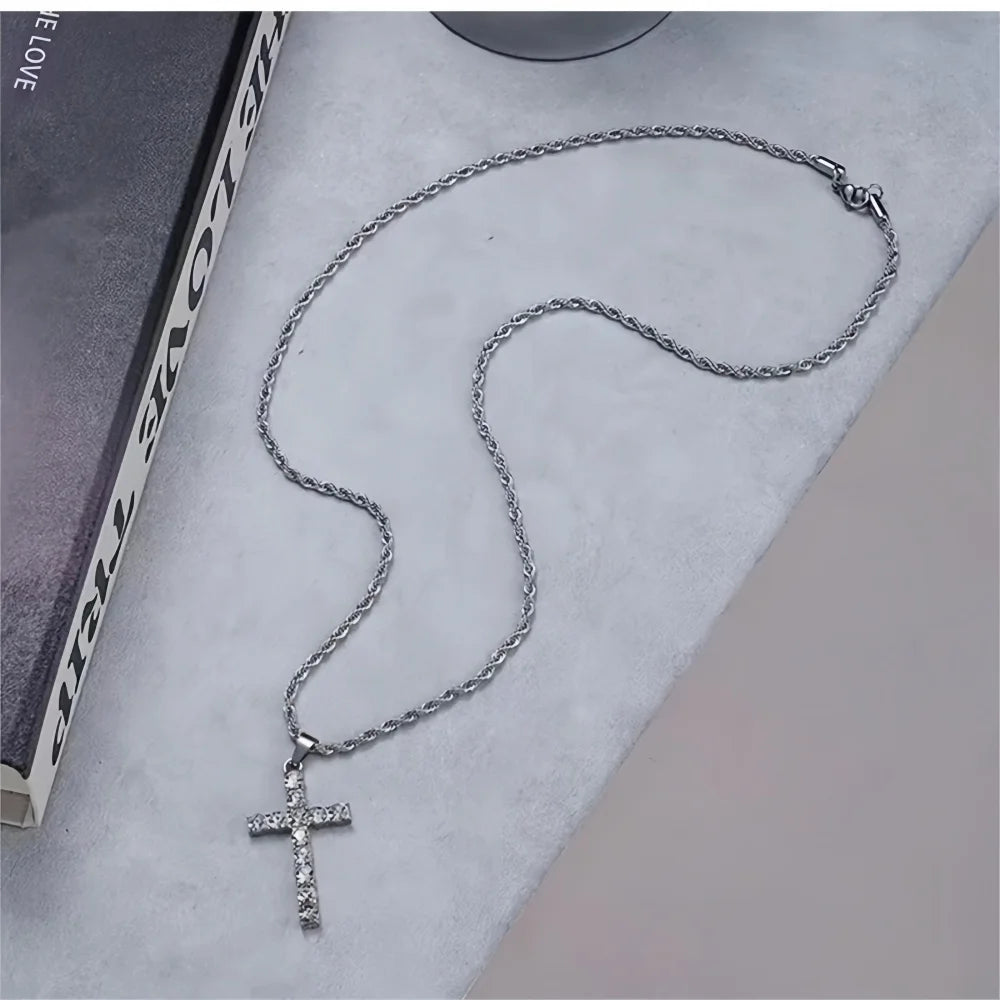 Hip Hop Stainless Steel Zircon Cross Pendant Necklace Retro Men Twist Chain Necklace Fashion Punk Jewelry Accessories