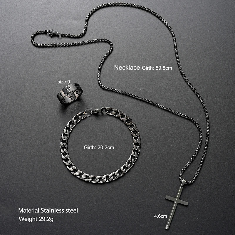 3pcs Set Men's Stainless Steel Metal Cross Pendant Chain Necklace Bracelet Ring Jewelry Set Male Hip Hop Daily Wear Accessories
