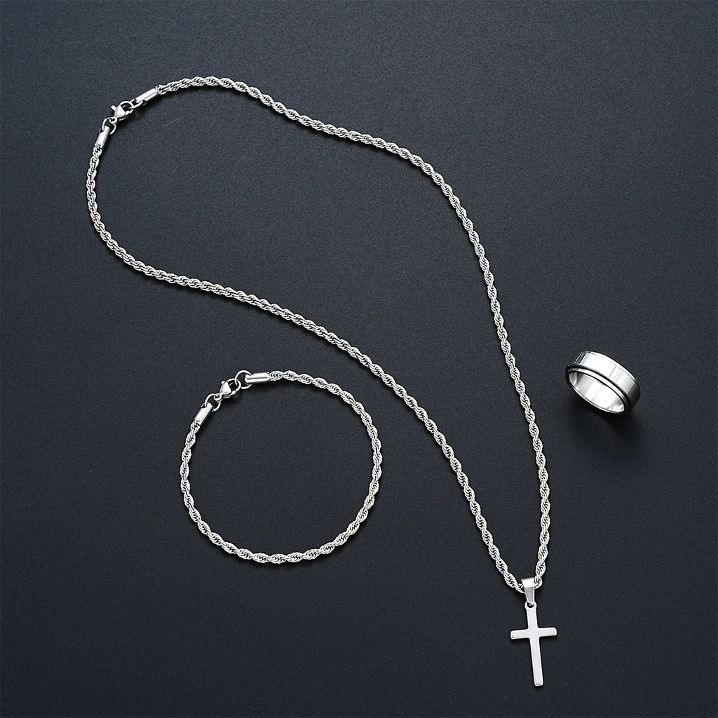 Stainless Steel Simple Jewelry Set For Men Women Fashion Silver Color Cross Pendant Twisted Rope Necklace Bracelets Ring Gifts