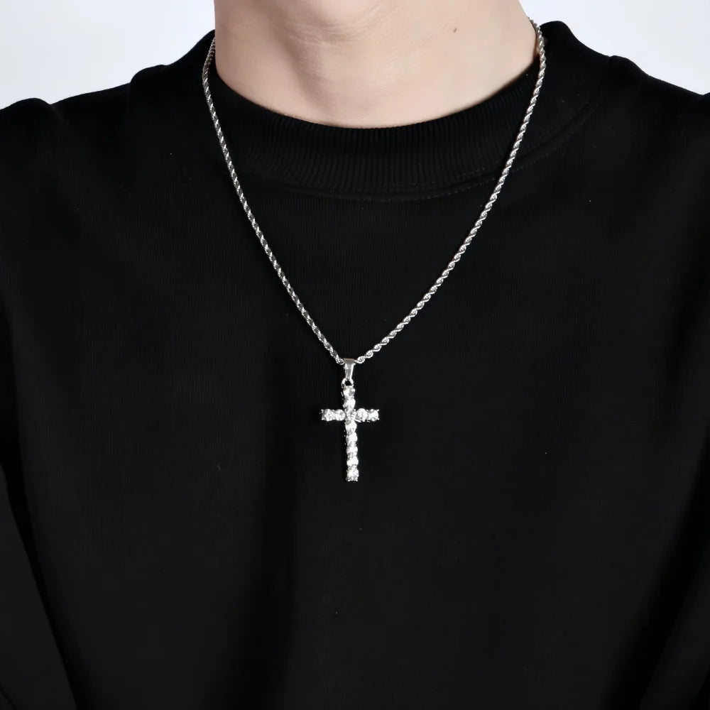Hip Hop Stainless Steel Zircon Cross Pendant Necklace Retro Men Twist Chain Necklace Fashion Punk Jewelry Accessories