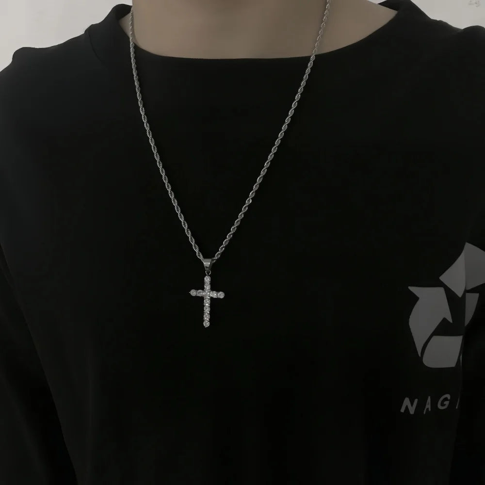 Hip Hop Stainless Steel Zircon Cross Pendant Necklace Retro Men Twist Chain Necklace Fashion Punk Jewelry Accessories