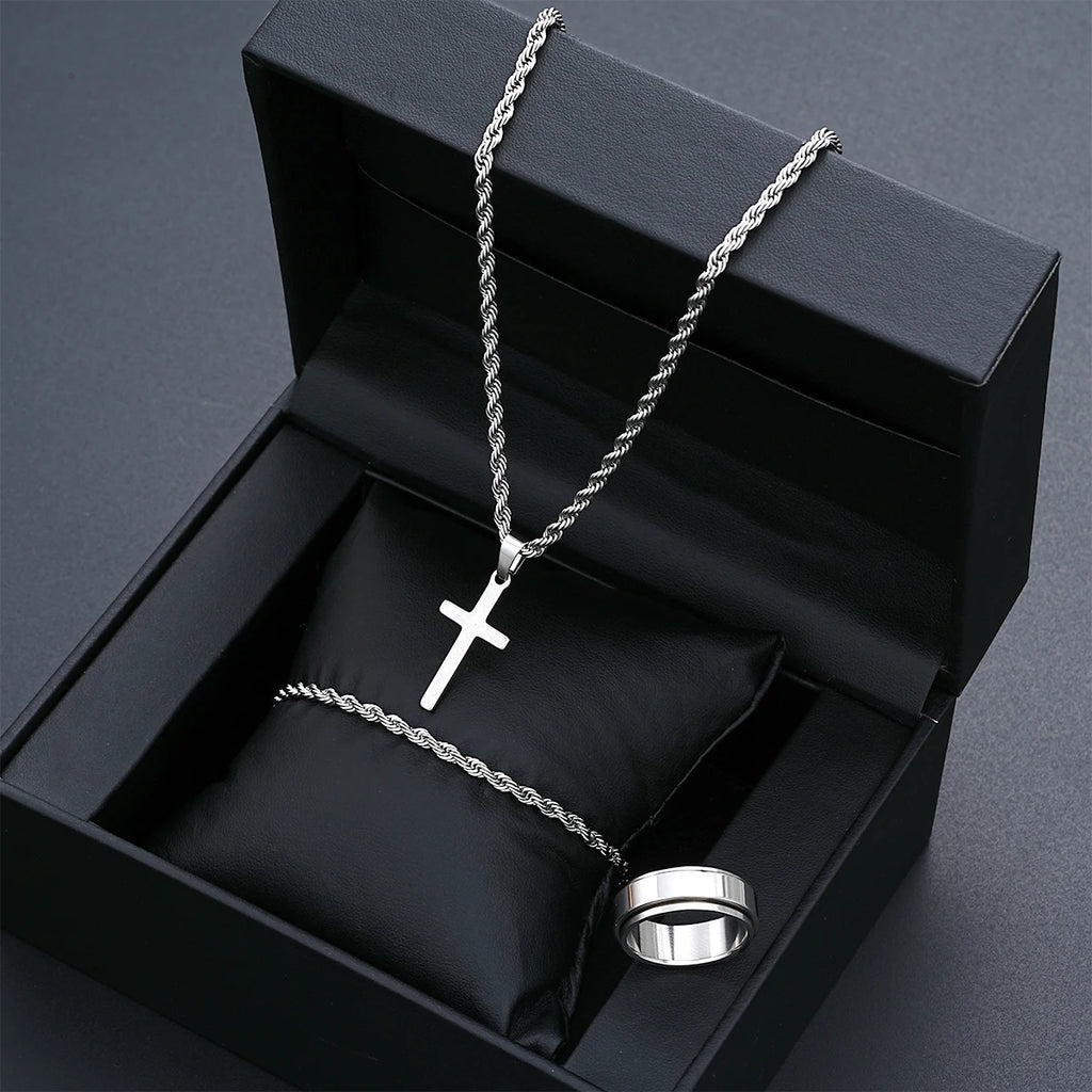 Stainless Steel Simple Jewelry Set For Men Women Fashion Silver Color Cross Pendant Twisted Rope Necklace Bracelets Ring Gifts