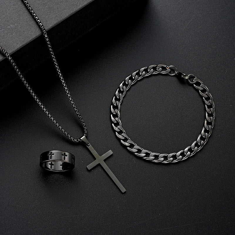 3pcs Set Men's Stainless Steel Metal Cross Pendant Chain Necklace Bracelet Ring Jewelry Set Male Hip Hop Daily Wear Accessories