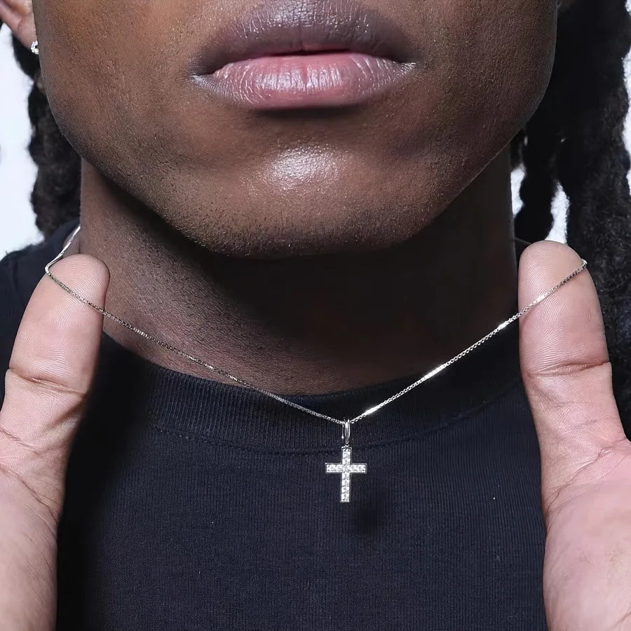 Mini Cross Necklace for Men Boys,Waterproof Full Zircon Cross Pendant Necklace,Hip Hop Rap Cool Collar Gift