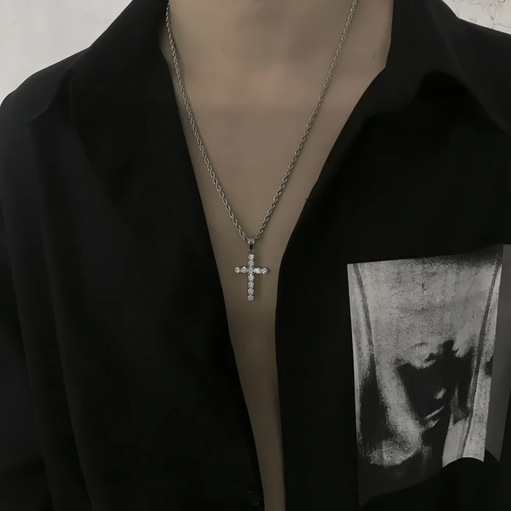Hip Hop Stainless Steel Zircon Cross Pendant Necklace Retro Men Twist Chain Necklace Fashion Punk Jewelry Accessories