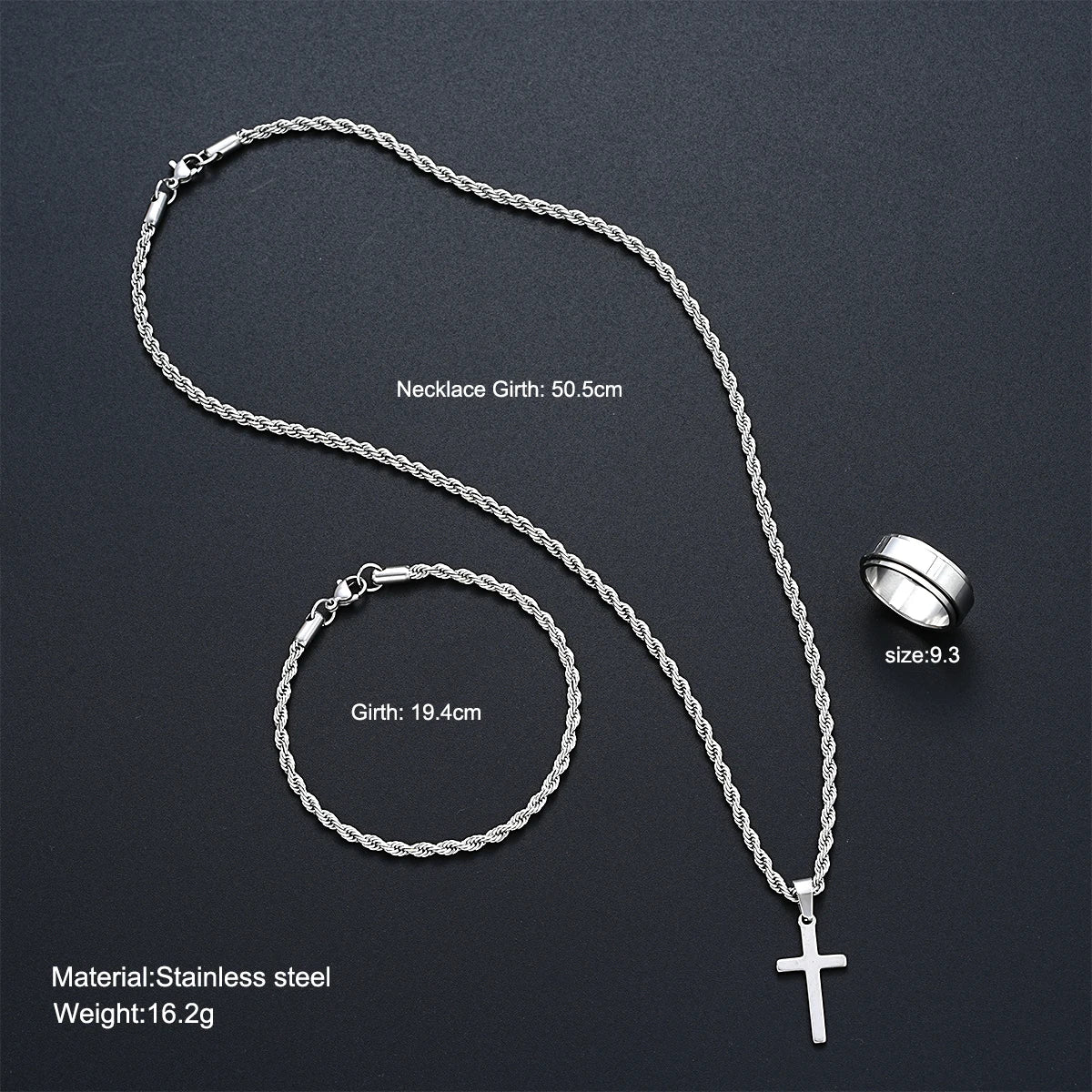 Stainless Steel Simple Jewelry Set For Men Women Fashion Silver Color Cross Pendant Twisted Rope Necklace Bracelets Ring Gifts
