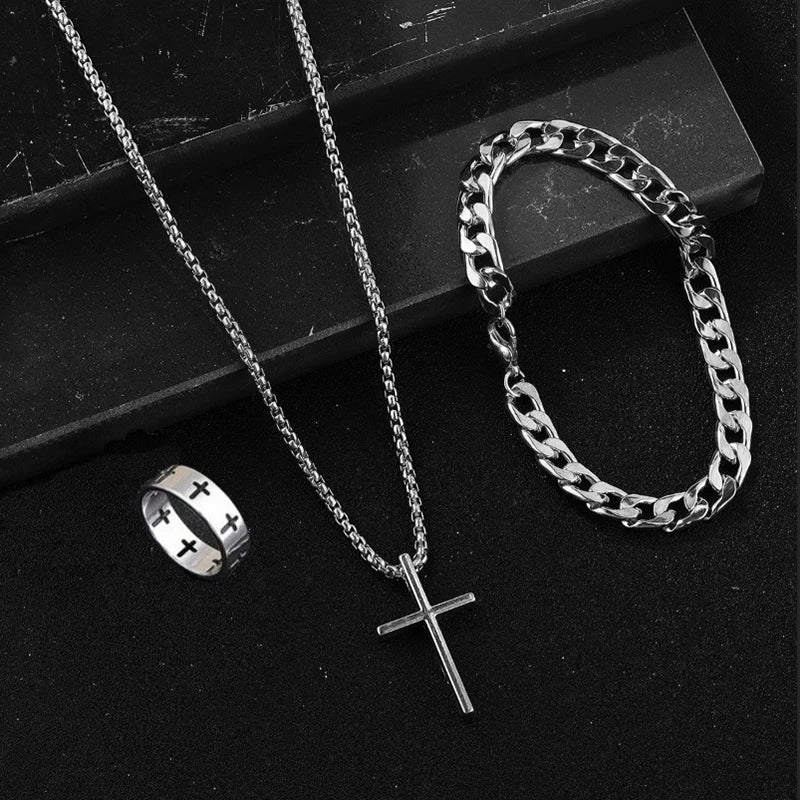 3pcs Set Men's Stainless Steel Metal Cross Pendant Chain Necklace Bracelet Ring Jewelry Set Male Hip Hop Daily Wear Accessories