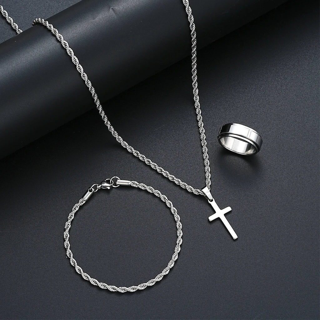 Stainless Steel Simple Jewelry Set For Men Women Fashion Silver Color Cross Pendant Twisted Rope Necklace Bracelets Ring Gifts