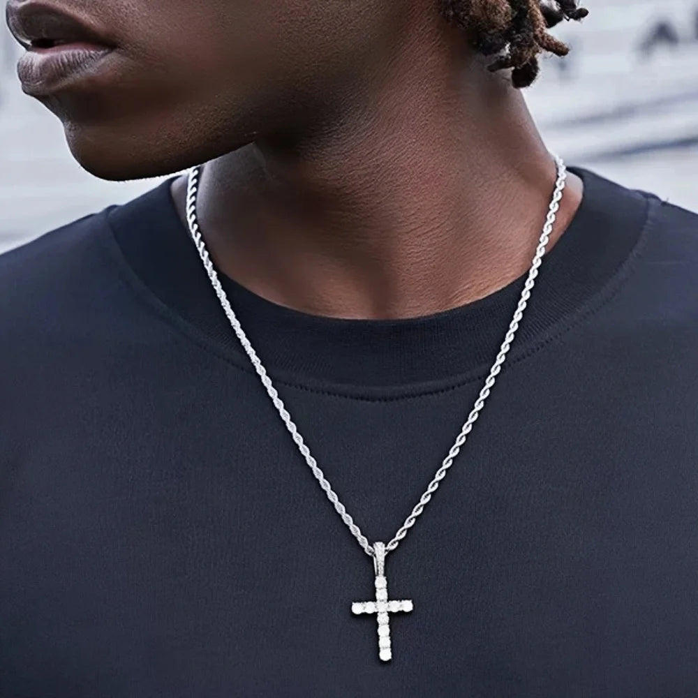 Hip Hop Stainless Steel Zircon Cross Pendant Necklace Retro Men Twist Chain Necklace Fashion Punk Jewelry Accessories