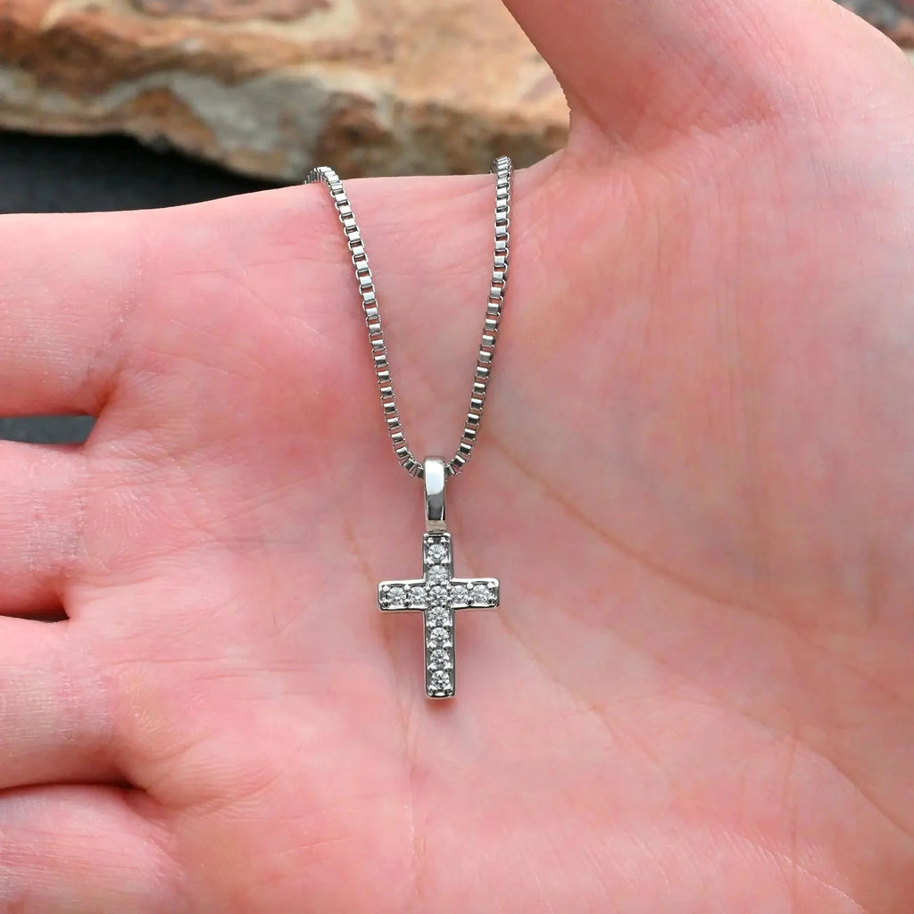 Mini Cross Necklace for Men Boys,Waterproof Full Zircon Cross Pendant Necklace,Hip Hop Rap Cool Collar Gift